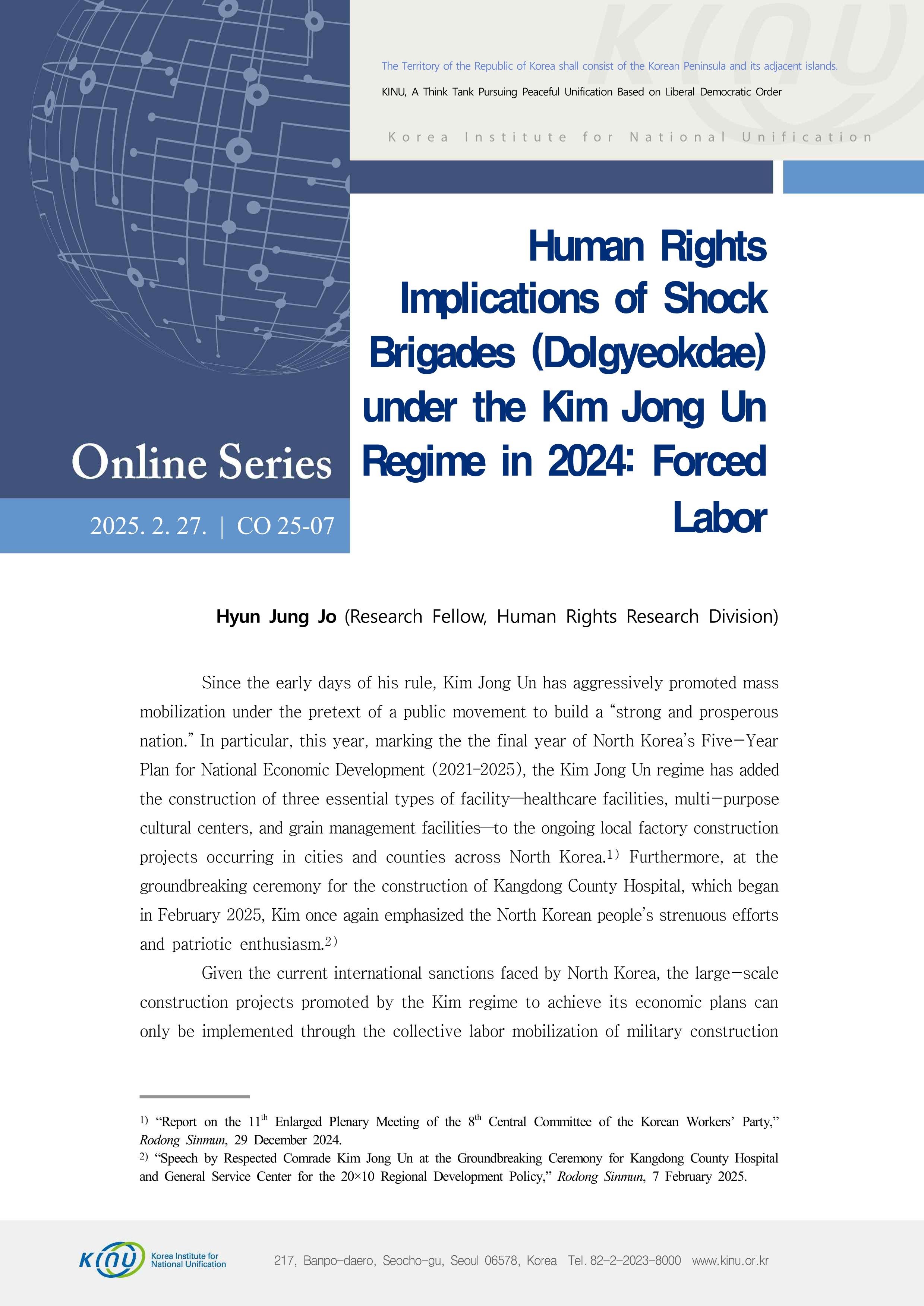 Human Rights Implications of Shock Brigades (Dolgyeokdae) under the Kim Jong Un Regime in 2024: Forced Labor