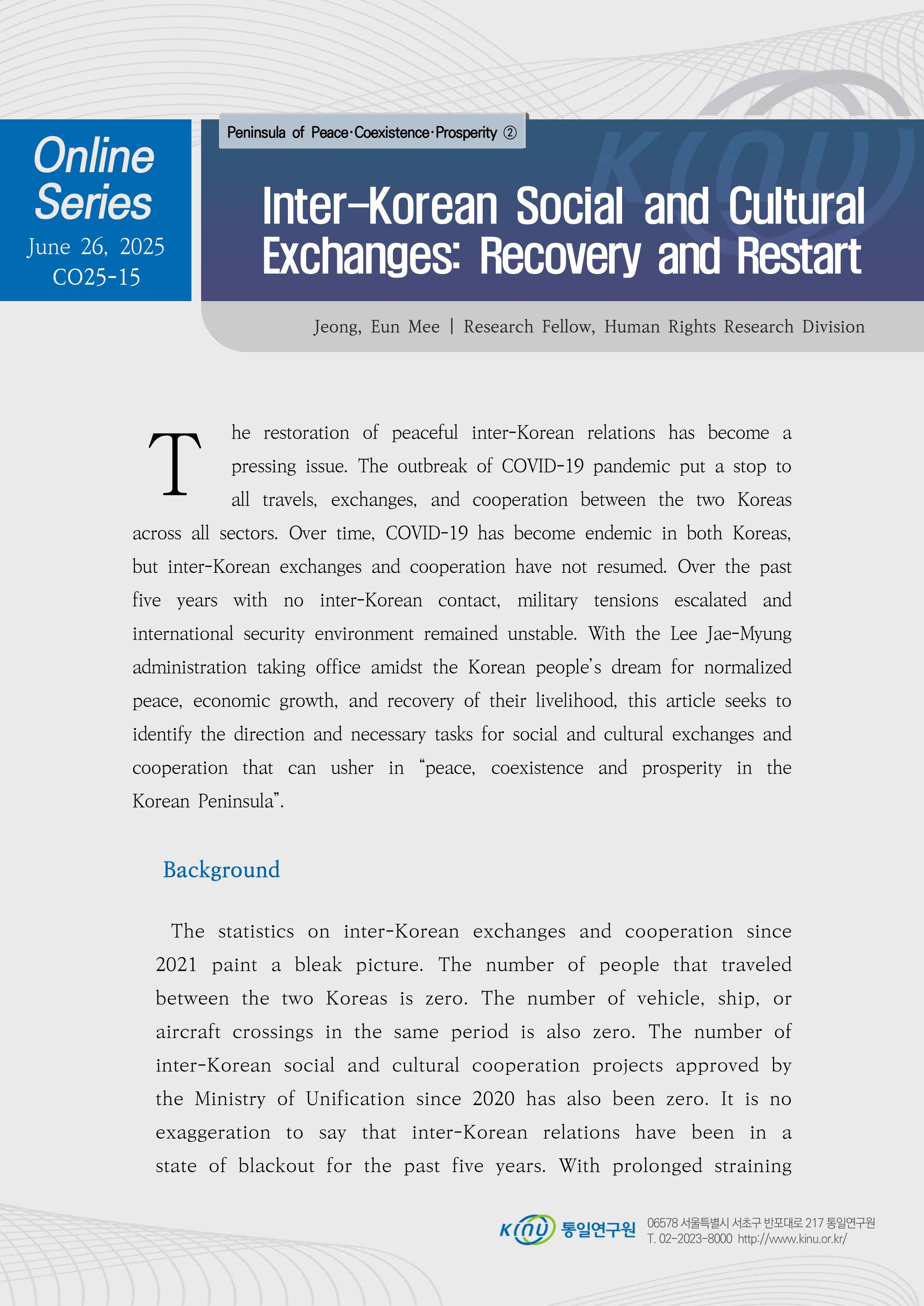 Inter-Korean Social and Cultural Exchanges: Recovery and Restart