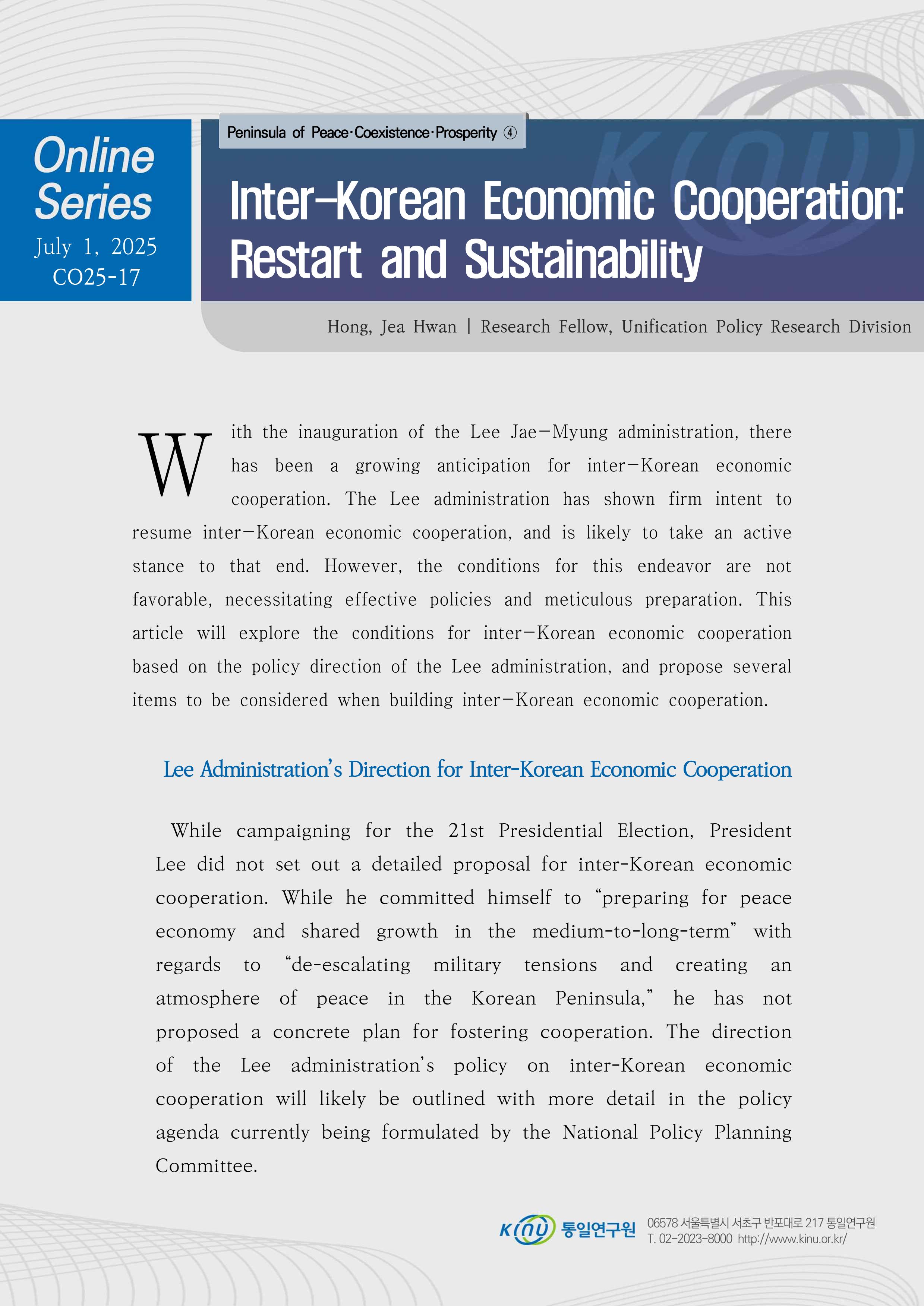 Inter-Korean Economic Cooperation: Restart and Sustainability