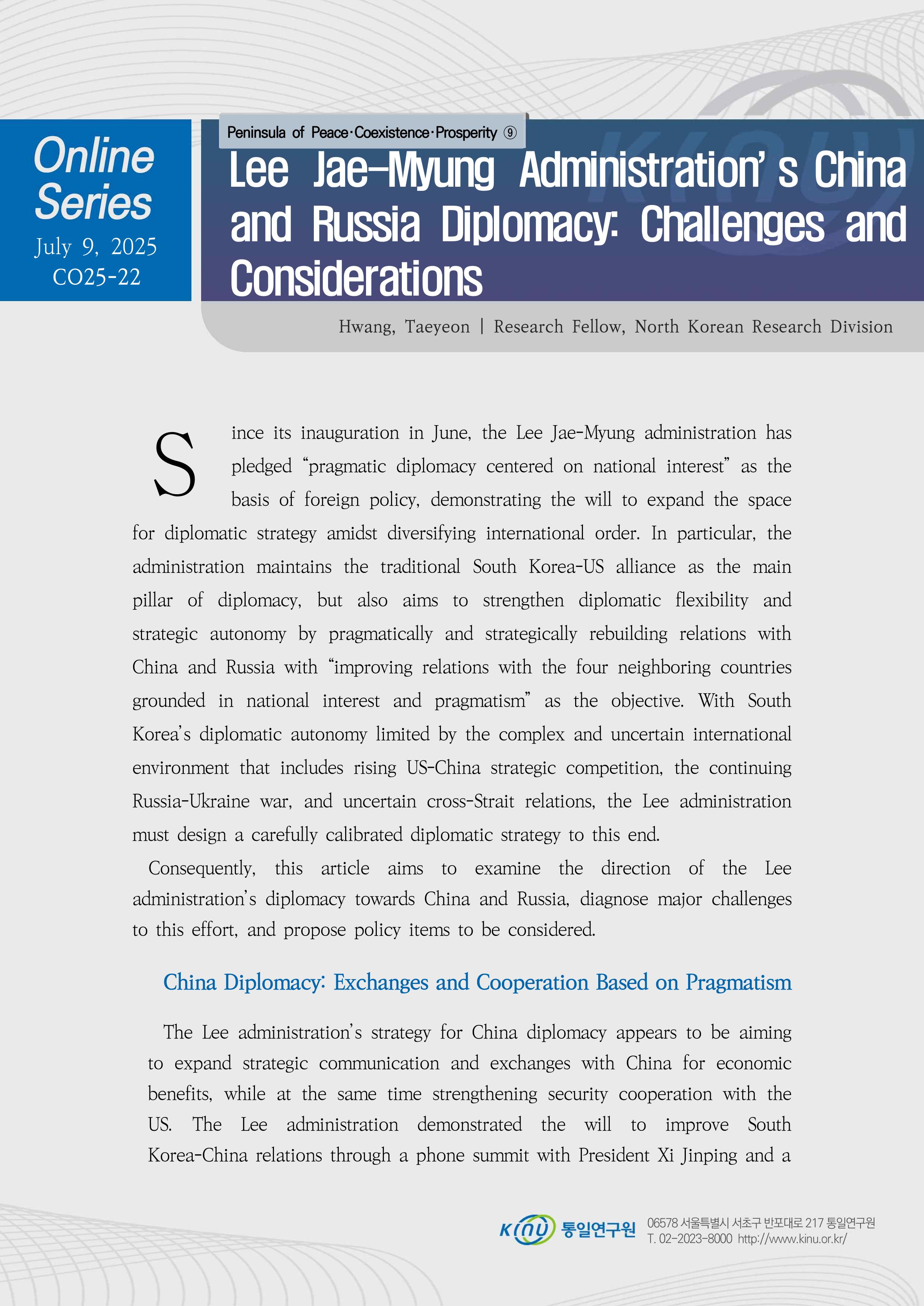 Lee Jae-Myung Administration’s China  and Russia Diplomacy: Challenges and  Considerations